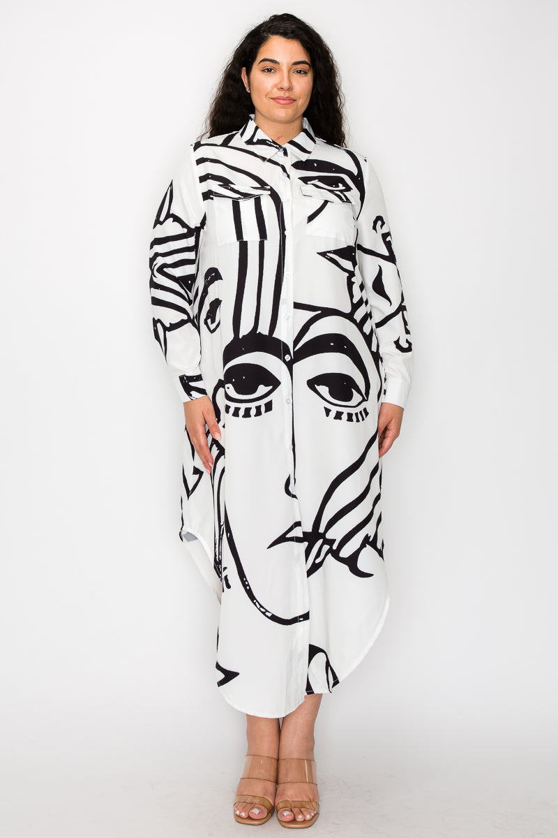 Abstract Face Print Maxi Shirt Dress