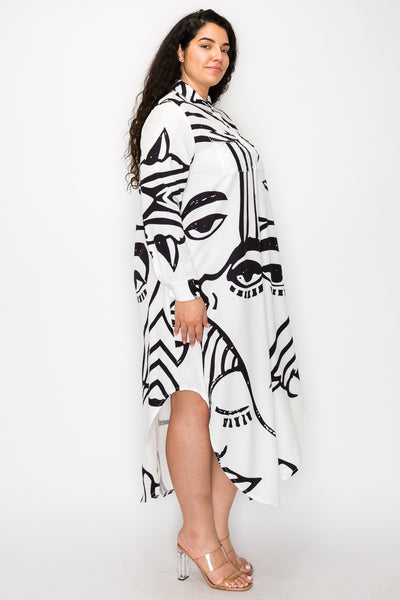 Abstract Face Print Maxi Shirt Dress